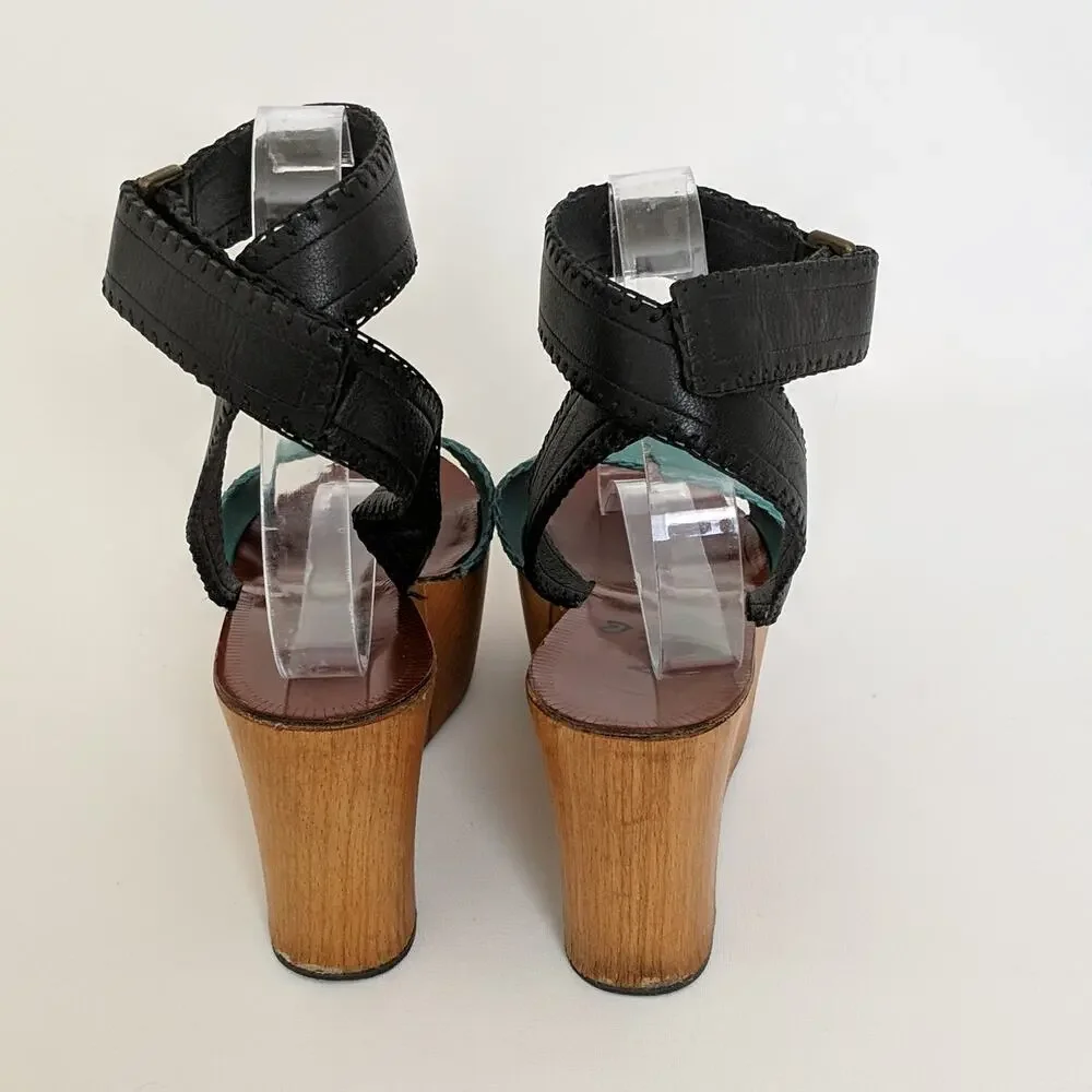 Lanvin Ankle Strappy Wedge Platform Sandals Wood High Chunky‎ Heels Womens 8
